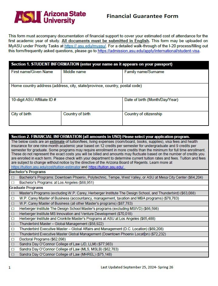 Arizona State University Financial Guarantee